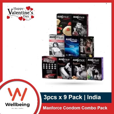 Picture of Valentine Day Special Combo Pack | Manforce 3pcs x9 Pack Combo Chocolate, Strawberry, Litchi, Black Grape, Cocktail Vanilla-Strawberry, Hazelnut-Chocolate, Stamina Orange, Sunny, Game Flavor Dotted Condom | Condom Combo for Valentine Lover Married Couple