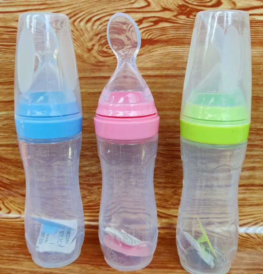 Picture of 1pcs Multicolor 120ml Silicone Spoon Feeder with Stand Normal Silicone Baby Food Dispensing Feeder with Spoon Travel Baby Training Bottle with Spoon Soft Head Baby Feeding Tools Kids