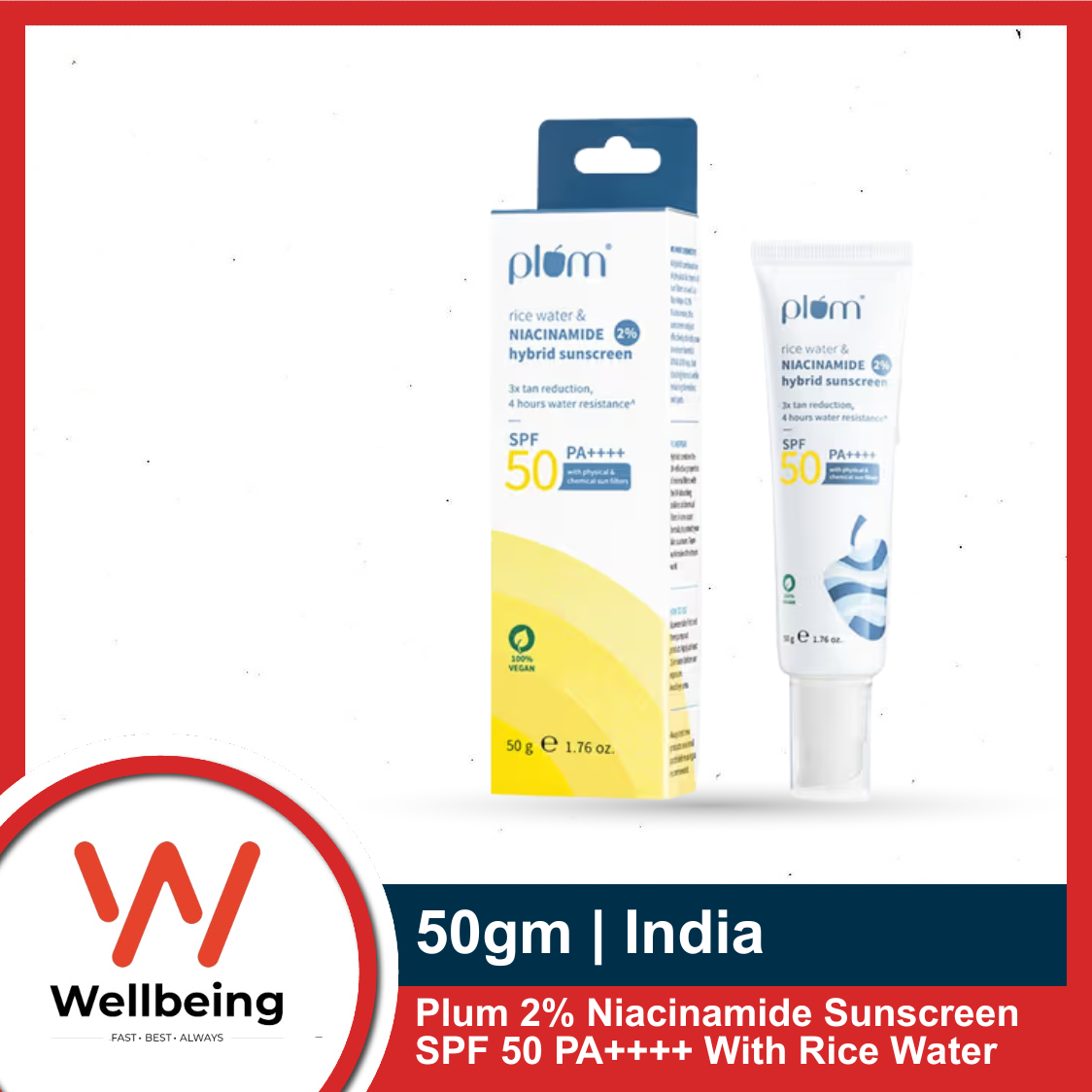 Picture of Plum 2% Niacinamide Sunscreen SPF 50 PA++++ With Rice Water 50g | 4-hr Water Resistant | 3x Tan Reduction & Brightens | No White Cast, Lightweight, Non-Sticky | Dermatologically Tested | All Skin Types | Women & Men | 100% Vegan