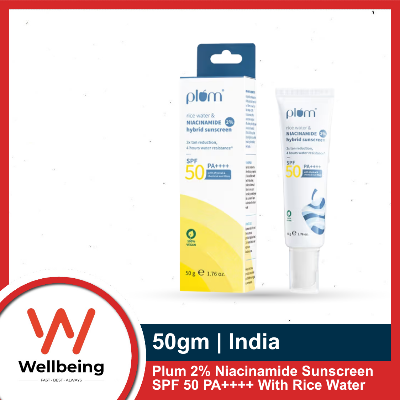 Picture of Plum 2% Niacinamide Sunscreen SPF 50 PA++++ With Rice Water 50g | 4-hr Water Resistant | 3x Tan Reduction & Brightens | No White Cast, Lightweight, Non-Sticky | Dermatologically Tested | All Skin Types | Women & Men | 100% Vegan