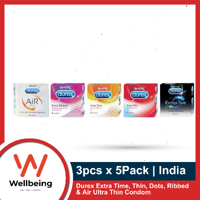 Picture of Durex Condom Ultimate Combo Pack 3pcs x 5 Pack | Durex Extra Time, Thin, Dots, Ribbed, Air Ultra Thin Condom for Men | India