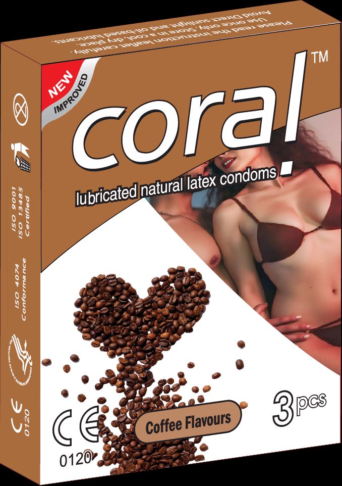 Picture of Coral Coffee Flavors Lubricated Natural Latex Condom for Men | Combo Pack 3x3=9pcs Condom | Malaysia