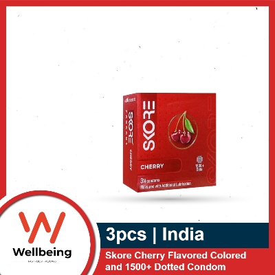 Picture of Skore Condoms for Men 3pcs Pack Cherry Flavored Colored and 1500+ Dotted Condom