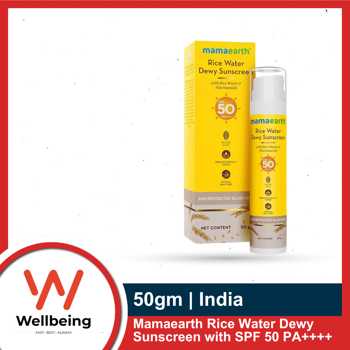 Picture of Mamaearth Rice Water Dewy Sunscreen with SPF 50 PA++++ 50gm | UVA & UVB Protection | Tan Protection | Gives Glass Skin Glow | No White Cast | For All Skin Types | India