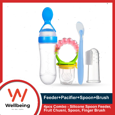 Picture of 4pcs Combo Set For Baby - Silicone Spoon Feeder Bottle, Fruit Pacifier Chusni, Silicone Spoon, Finger Brush