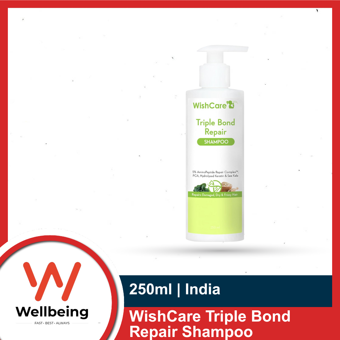 Picture of WishCare Triple Bond Repair Shampoo 250ml for Dry & Frizzy Hair - 5% AminoPeptide Complex & PCA - Repairs Damaged & Frizzy Hair