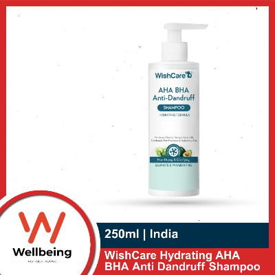 Picture of WishCare Hydrating AHA BHA Anti Dandruff Shampoo 250ml For Women & Men- Piroctone Olamine, Salicylic Acid, LHA, Climbazole, Pre+Probiotics & Hyaluronic Acid - Paraben & Sulphate Free Shampoo