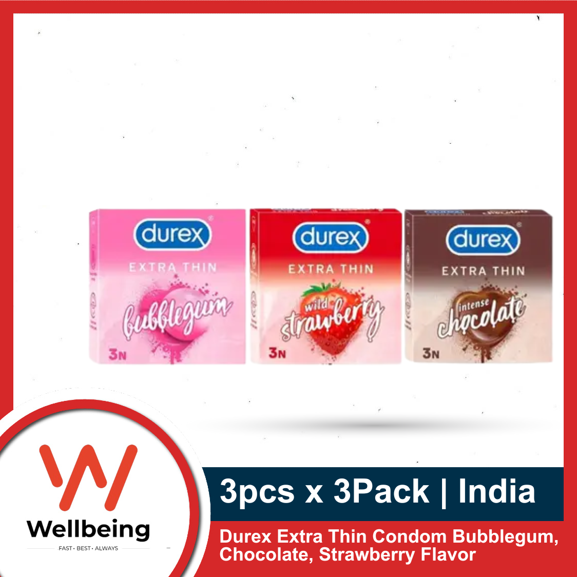 Picture of Durex Extra Thin Condom Combo Pack 3pcs x 3 Pack | Bubblegum, Intense Chocolate, Wild Strawberry Flavor Condom for Men | India