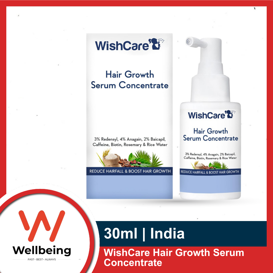 Picture of WishCare Hair Growth Serum Concentrate 30ml - 3% Redensyl, 4% Anagain, 2% Baicapil, Caffeine, Biotin & Rice Water - Advanced Hair Growth Serum for Hair Fall Control & Hair Growth 30ml
