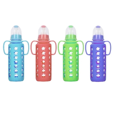 Picture of Mumlove Baby Feeder Double Protection Unbreakable 120ml/ 250ml Glass Body Feeding Bottle with Nipple Handle & Silicon Cover