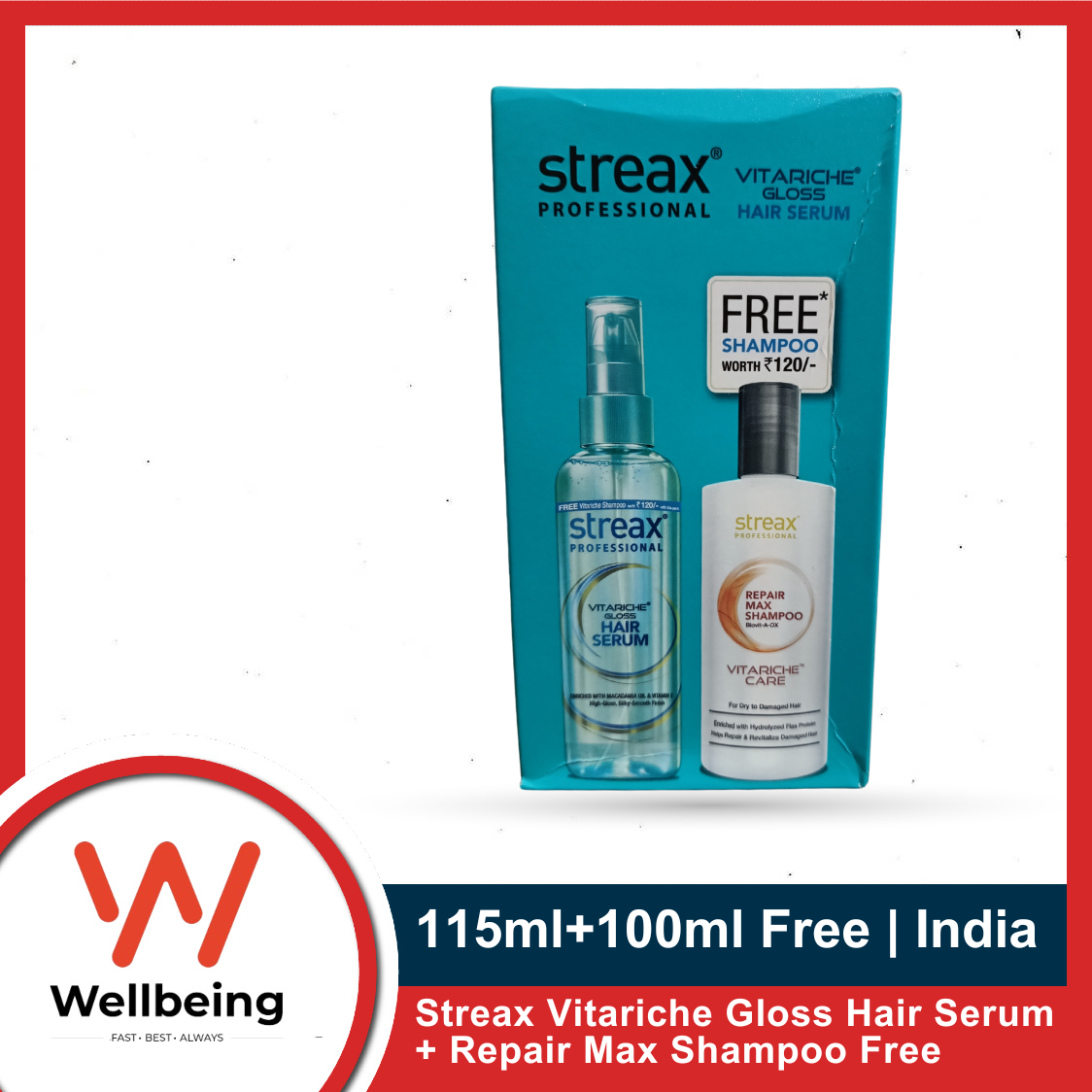 Picture of Serum & Free Shampoo - Streax Professional Vitariche Gloss Hair Serum 115ml + Repair Max Shampoo 100ml | India