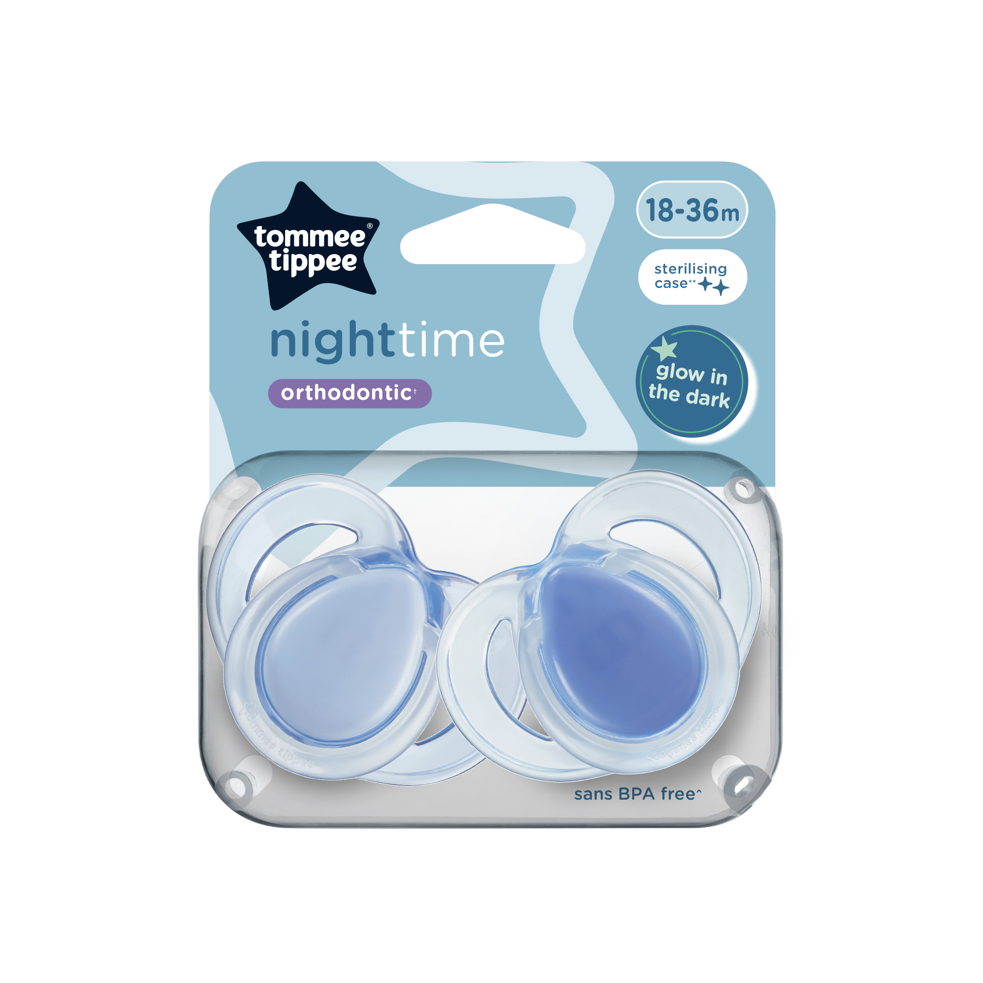 Picture of Tommee Tippee Nighttime soother, 18-36 months, 2 pack of glow in the dark soothers with reusable steriliser pod, Assorted Colours