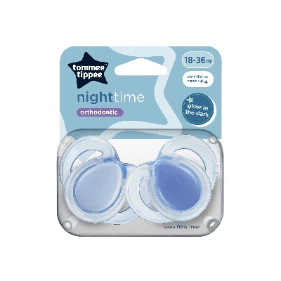 Picture of Tommee Tippee Nighttime soother, 18-36 months, 2 pack of glow in the dark soothers with reusable steriliser pod, Assorted Colours