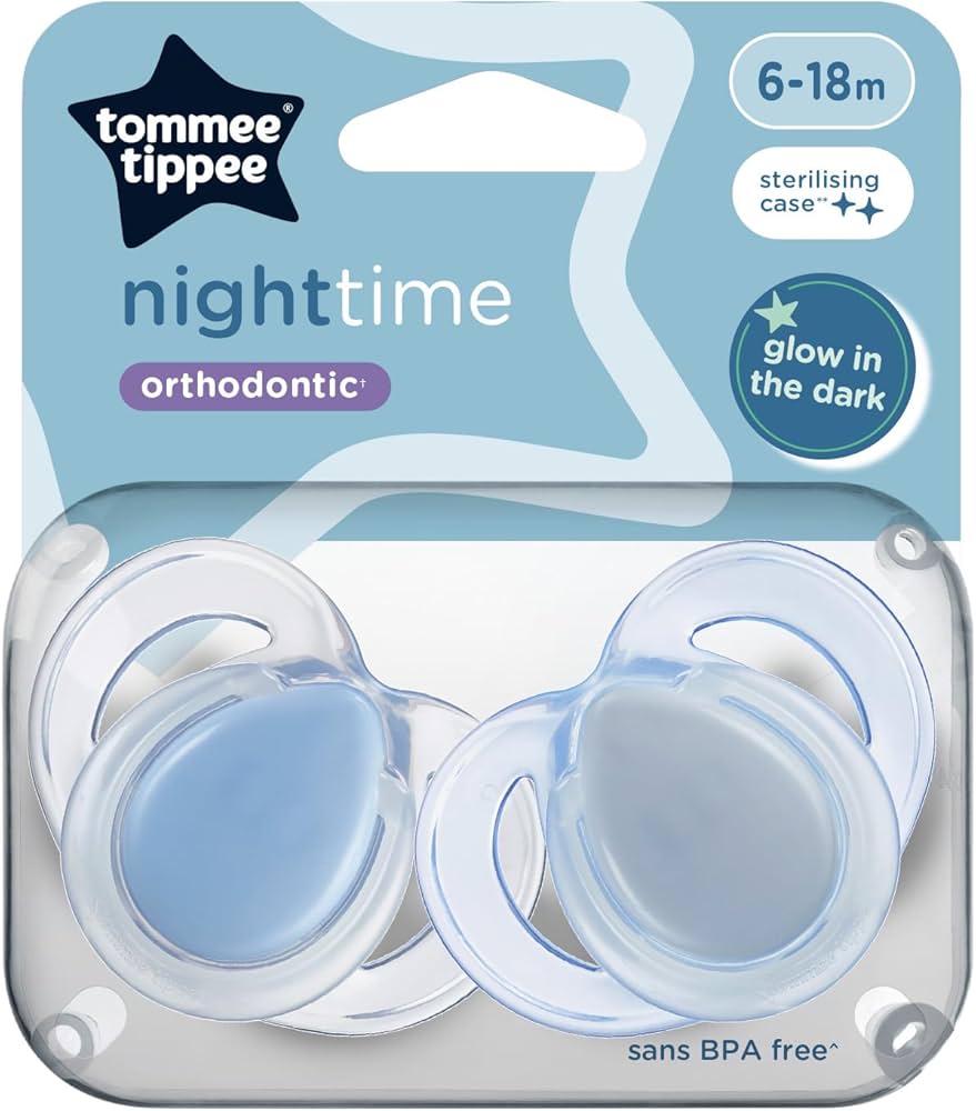 Picture of Tommee Tippee Nighttime soother, 6-18 months, 2 pack of glow in the dark soothers with reusable steriliser pod, Assorted Colours