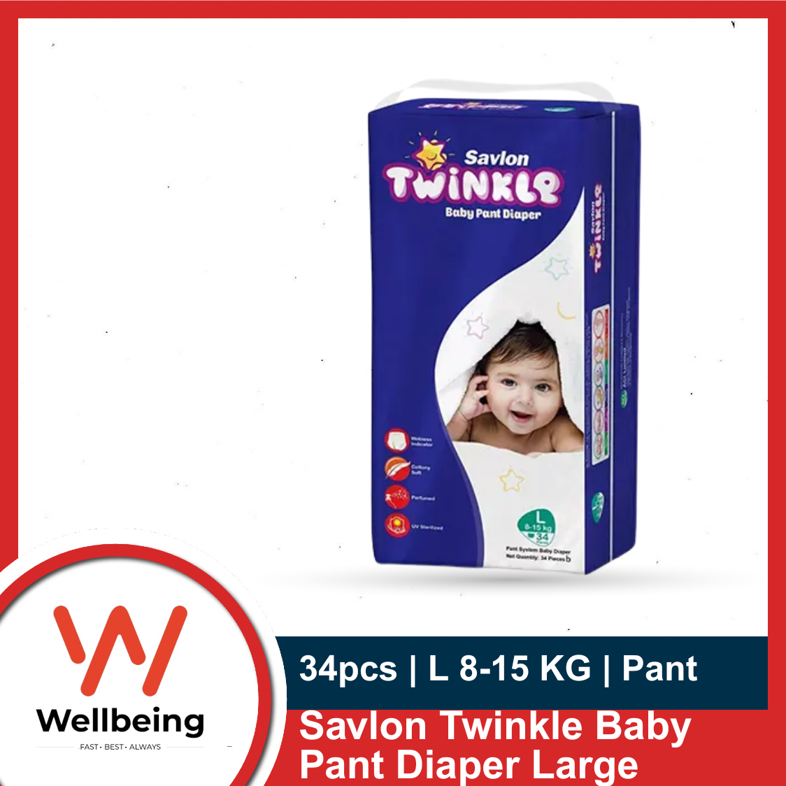 Picture of Savlon Twinkle Baby Pant Diaper Large 8-15 KG 34 pcs