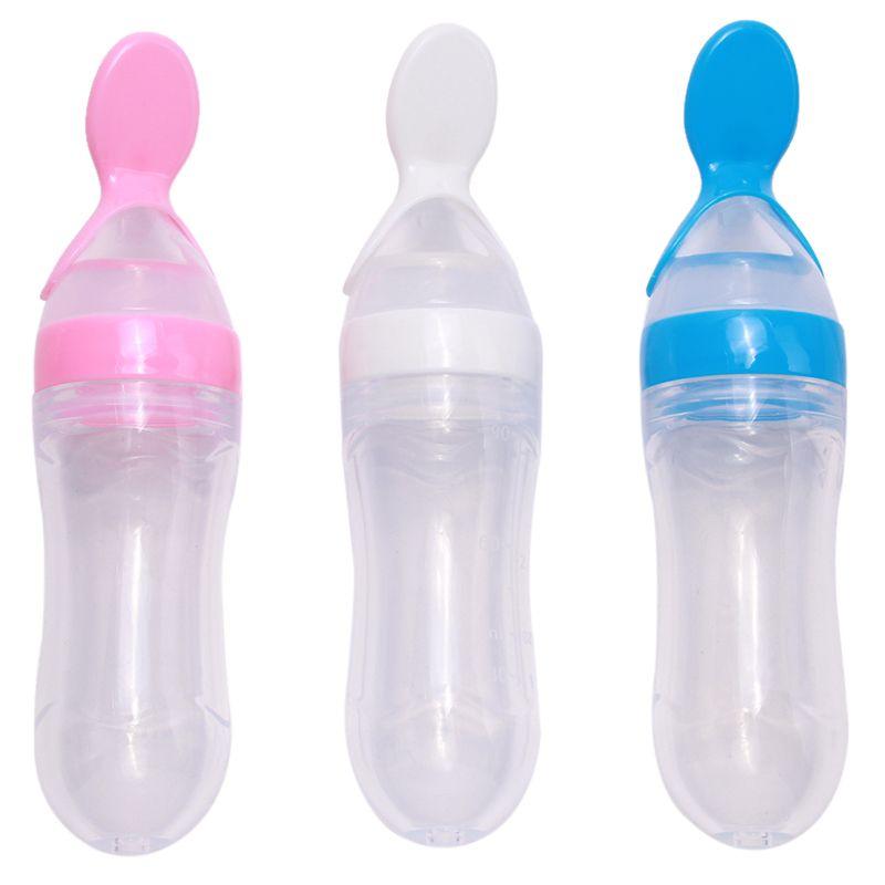 Picture of 1pcs Multicolor 120ml Silicone Spoon Feeder with Stand Normal Silicone Baby Food Dispensing Feeder with Spoon Travel Baby Training Bottle with Spoon Soft Head Baby Feeding Tools Kids