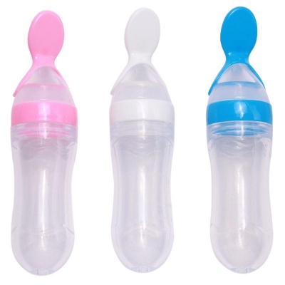 Picture of 1pcs Multicolor 120ml Silicone Spoon Feeder with Stand Normal Silicone Baby Food Dispensing Feeder with Spoon Travel Baby Training Bottle with Spoon Soft Head Baby Feeding Tools Kids