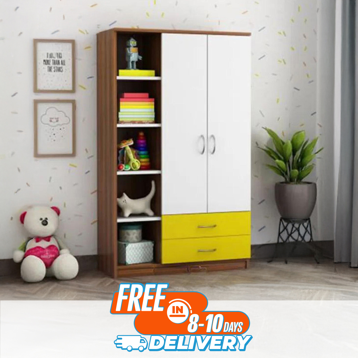 Picture of Furniture Express Quirky Finds - Premium Design Luxury Pull out Almirah with 2 Drawer and 1open Shelf for Book or Display Unit/ Cloth Hanger Storage