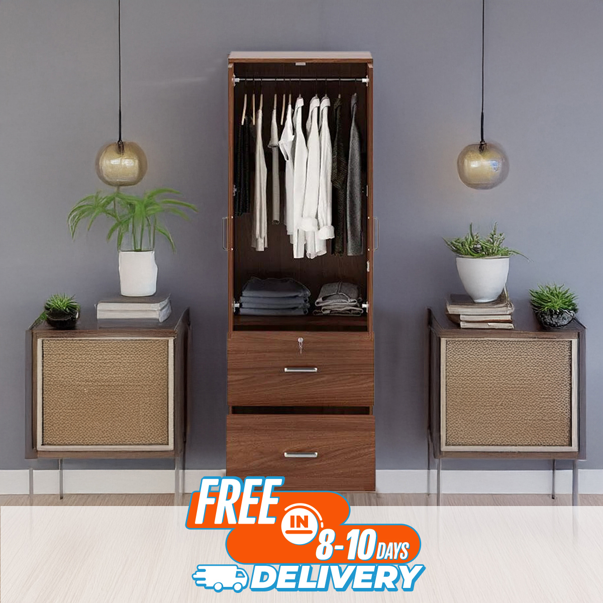 Picture of Furniture Express 2 Part Almirah with coat hanger shelf & 2 Locker Drawer Alamary / Laminated Board Wardrobe2 Door Almira - Best Quality Furniture