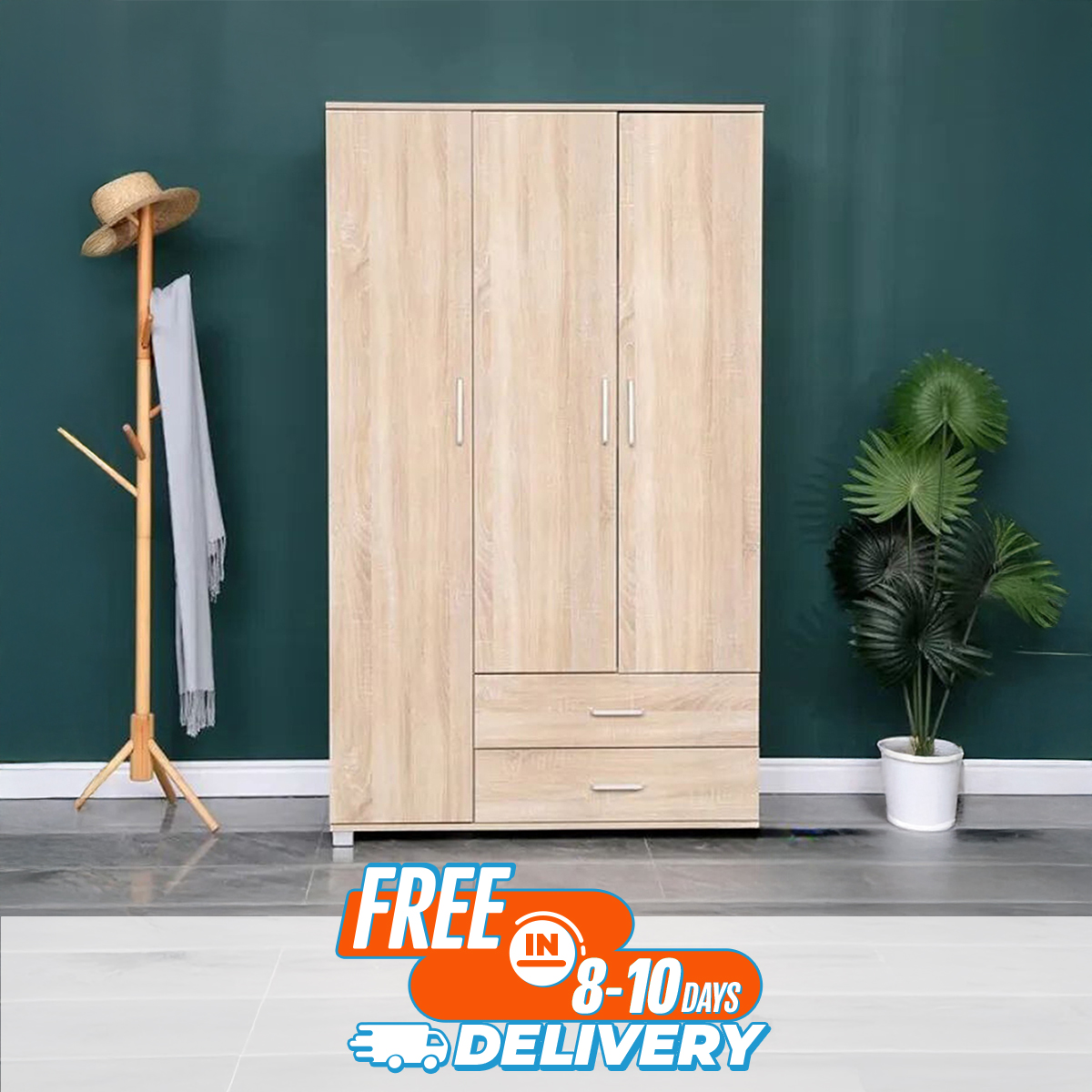 Picture of Furniture Express Avant-garde - High Quality 3 Door Almirah / Wardrobe with Drawer, Shelves & Hanging Space for Clothes Wooden Utility Cupboard