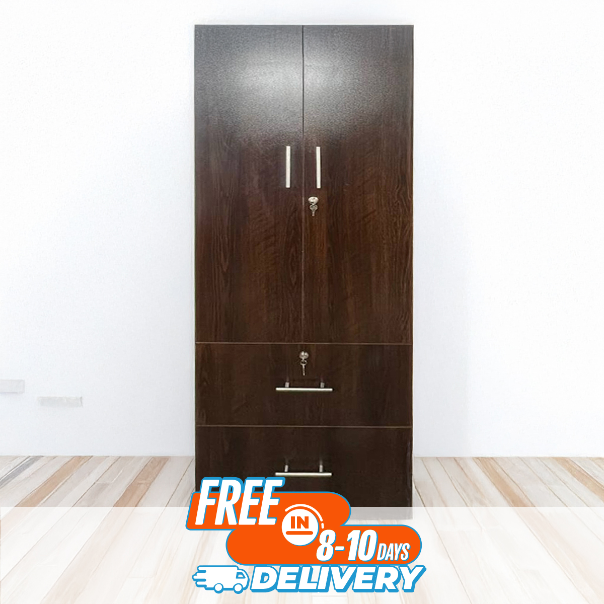 Picture of Furniture Express 2 Part Almirah with coat hanger shelf & 2 Locker Drawer Alamary / Laminated Board Wardrobe2 Door Almira - Best Quality Furniture