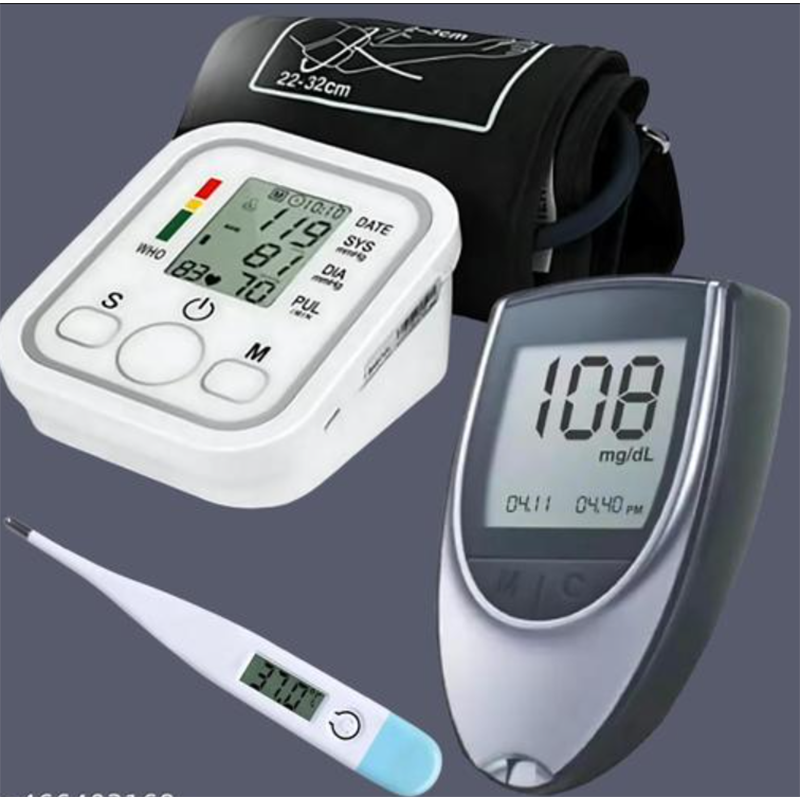 Picture of (Combo Pack of 3)automatic-measuring-bp-monitoring-machine-for-home-with-voice-broadcast-accurate-measurement and blood-glucose-monitor with digital-thermometer