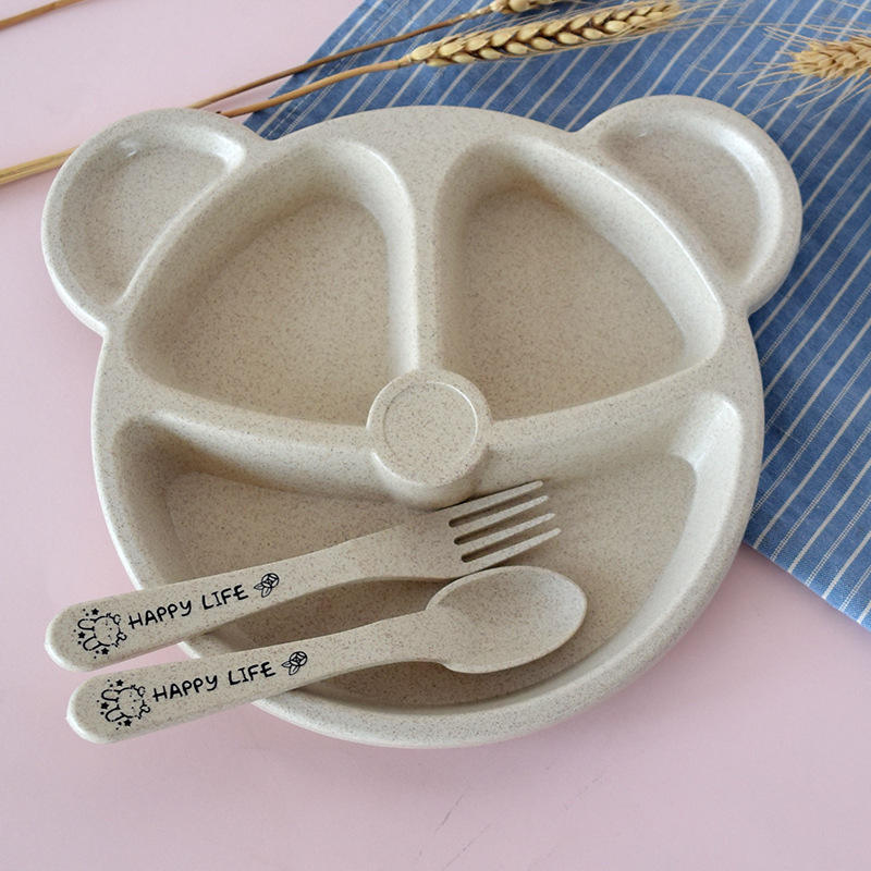 Picture of Baby Bowl+spoon+fork Feeding Food Tableware Set Cartoon Bear Kids Dishes Eating Dinnerware Anti-hot Wheat Straw Training Plate