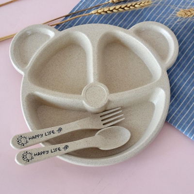 Picture of Baby Bowl+spoon+fork Feeding Food Tableware Set Cartoon Bear Kids Dishes Eating Dinnerware Anti-hot Wheat Straw Training Plate