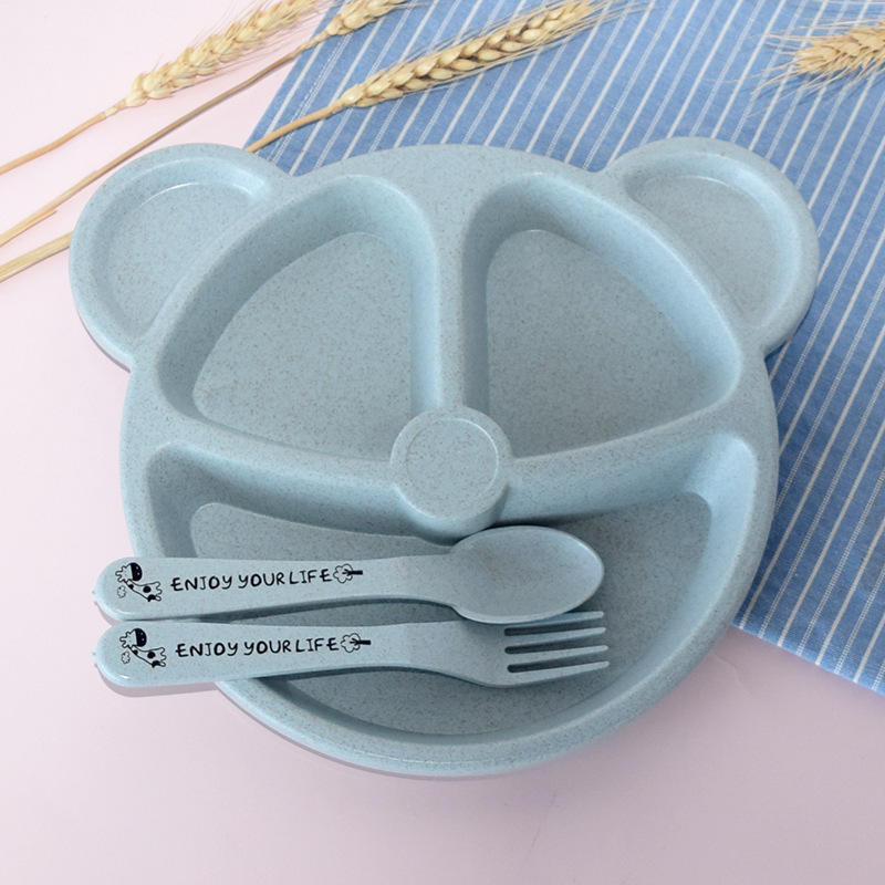 Picture of Baby Bowl+spoon+fork Feeding Food Tableware Set Cartoon Bear Kids Dishes Eating Dinnerware Anti-hot Wheat Straw Training Plate