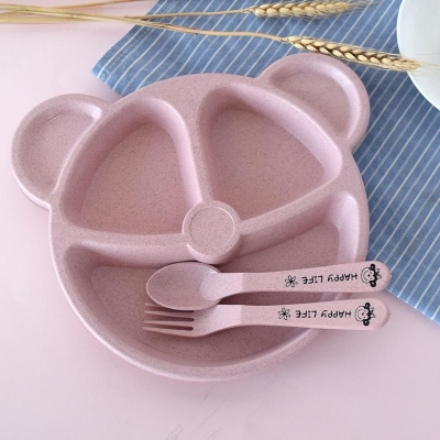 Picture of Baby Bowl+spoon+fork Feeding Food Tableware Set Cartoon Bear Kids Dishes Eating Dinnerware Anti-hot Wheat Straw Training Plate