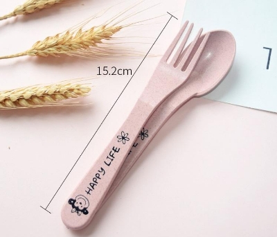 Picture of Baby Bowl+spoon+fork Feeding Food Tableware Set Cartoon Bear Kids Dishes Eating Dinnerware Anti-hot Wheat Straw Training Plate