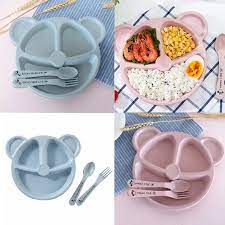 Picture of Baby Bowl+spoon+fork Feeding Food Tableware Set Cartoon Bear Kids Dishes Eating Dinnerware Anti-hot Wheat Straw Training Plate
