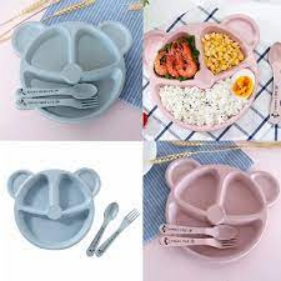 Picture of Baby Bowl+spoon+fork Feeding Food Tableware Set Cartoon Bear Kids Dishes Eating Dinnerware Anti-hot Wheat Straw Training Plate