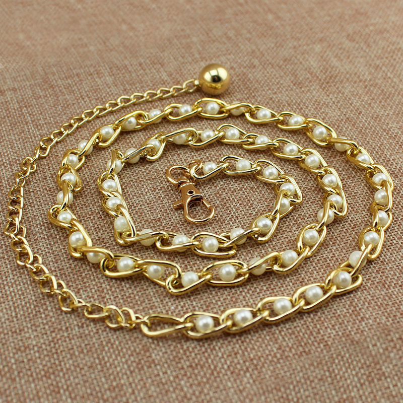 Picture of Cute Metal Adjustable Thin Ladies Waist Pearl Chain Belt For Decorative Cloth