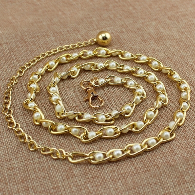 Picture of Cute Metal Adjustable Thin Ladies Waist Pearl Chain Belt For Decorative Cloth