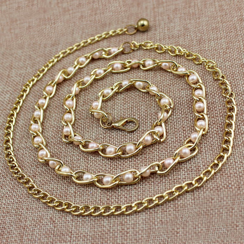 Picture of Cute Metal Adjustable Thin Ladies Waist Pearl Chain Belt For Decorative Cloth