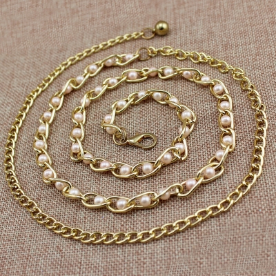 Picture of Cute Metal Adjustable Thin Ladies Waist Pearl Chain Belt For Decorative Cloth