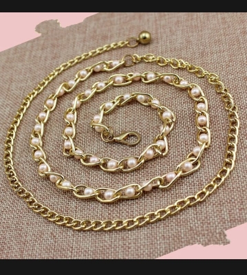 Picture of Cute Metal Adjustable Thin Ladies Waist Pearl Chain Belt For Decorative Cloth