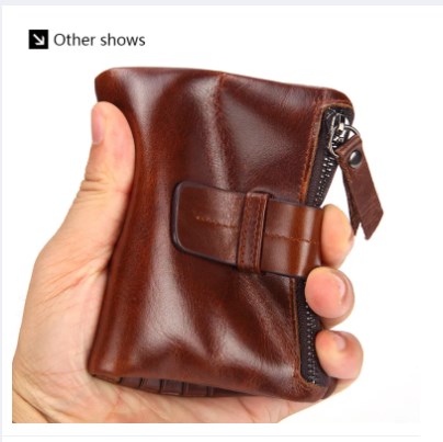 Picture of Crazy Horse Cowhide Leather Credit Card Wallet Men Zipper Coins Pocket Bifold Leather Wallet