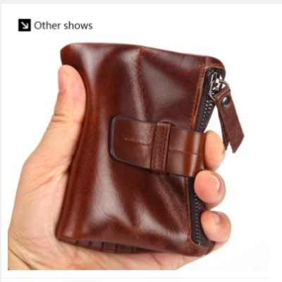 Picture of Crazy Horse Cowhide Leather Credit Card Wallet Men Zipper Coins Pocket Bifold Leather Wallet