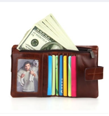 Picture of Crazy Horse Cowhide Leather Credit Card Wallet Men Zipper Coins Pocket Bifold Leather Wallet