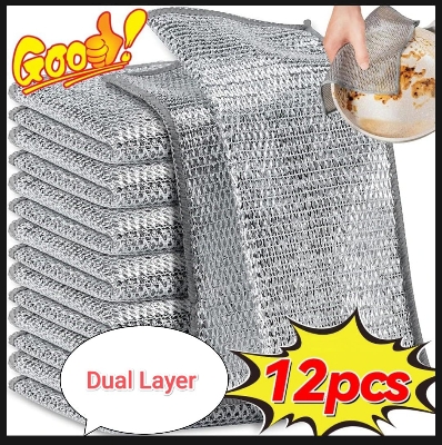 Picture of 12 Pcs Dual Layer Magic Cleaning Cloth Steel Wire DishWashing AND Towels for pots & Dishes, Kitchen Cleaning Tools