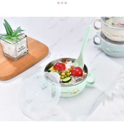 Picture of Baby Feeding Bowl with Lids Stainless Steel Insulated Bowl Spoon Set Children Tableware Cartoon Printed Easy To Clean Children Food Bowl