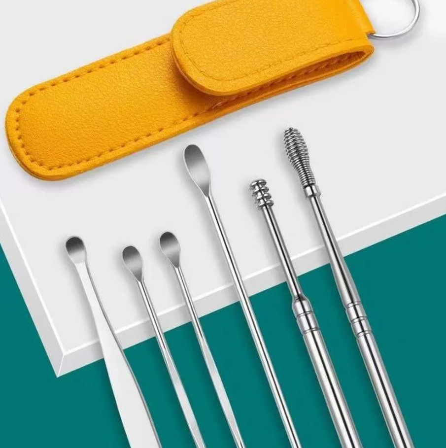 Picture of Ear Cleaner Set 6 Pieces Stainless Steel ear pick set with leather case