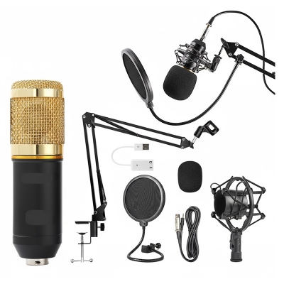 Picture of BM-800 Microphone Professional Studio Condenser Sound Recording Microphone with Phantom Power Supply  Power Adapter  XLR Male to XLR Female  XLR To 3.5mm Audio Cable  POP Filter  Anti Wind Foam  Shock Mount  Flexible Folding Stand  Clip For Studio
