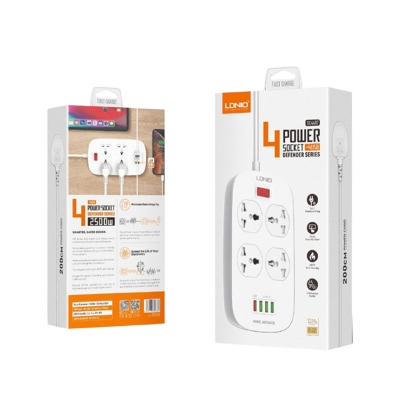 Picture of LDNIO SC4407 POWER STRIP 2 METER EXTENSION CORD WITH 4 POWER SOCKET UK/UERO/US 2500W AND 3 USB PORT + 1 QC3.0 USB PORT