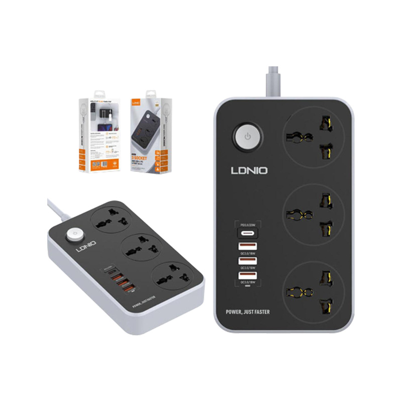 Picture of LDNIO SC3412 Power Strip 2 Meter Wall Extension Plug Cord with 3 Universal Socket Outlets and 3 QC 3.0 USB 1 Port 20W PD Type C Port Rated Power 2500W (Max) USB QC 3.0 Port 38W (Max) USB-C PD Port 20W (Max)