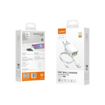 Picture of Ldnio [A3312] Fast 3 Port 3.4A Usb Multi Charger / Adapter Auto Id Quick & Stable Universal Triple Usb Travel Wall Charge Eu Plug (Micro Usb Cable Included) - Fast Charger