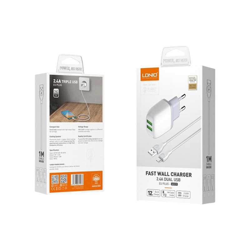 Picture of LDNIO A2219 USB 2 Port Auto ID 2.4A Two USB EU Plug Fast Wall Charger with 1 Pcs Type-C Charging & Data Cable For Mobile Phone / Tablet