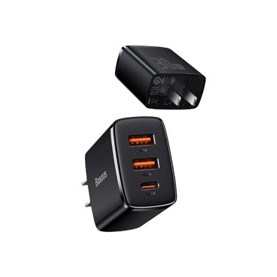 Picture of Baseus Compact 30W 3 Port Quick Charger USB 2 Port PD 1 Port Charger 30W USB-C PD USB QC3.0 Fast Charging Wall Charger Adapter US Plug For IPhone 12 13 13 Pro Max For IPad Pro 2020 - Black